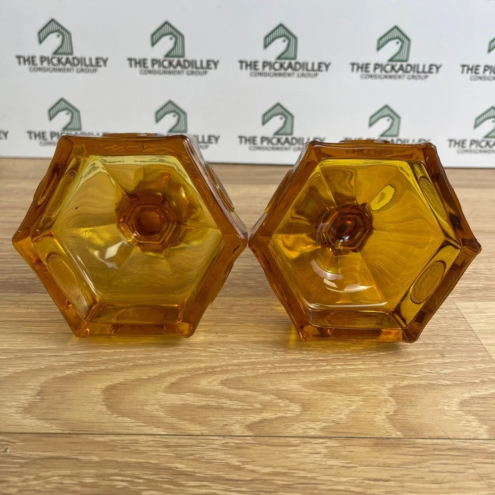 Vintage Amber Glass Coin Medallion Candlestick Holders Liberty Bell Set of 2
